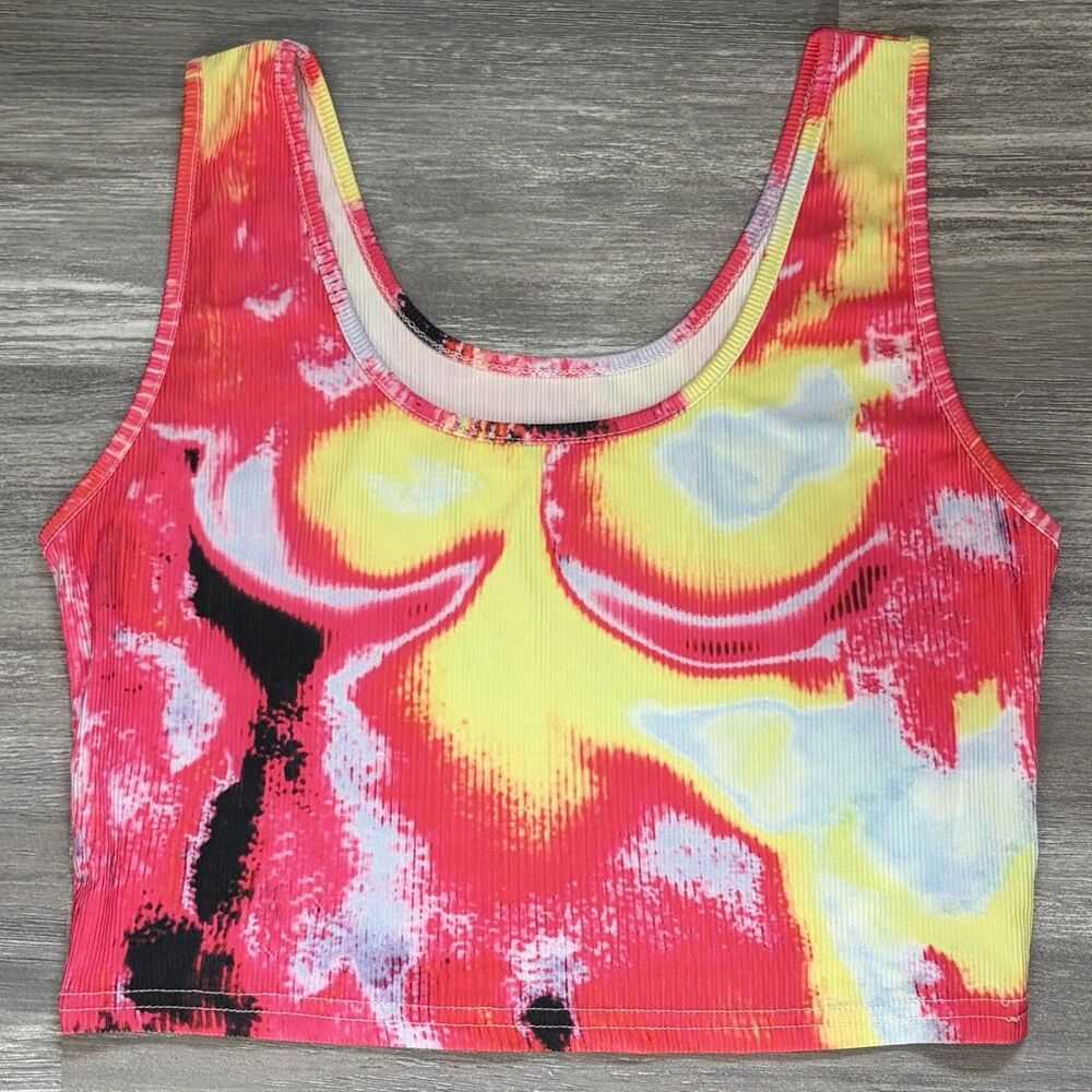 Neon Ribbed Crop Top XL Abstract Heatmap Print Tank Rave Festival Trippy Club